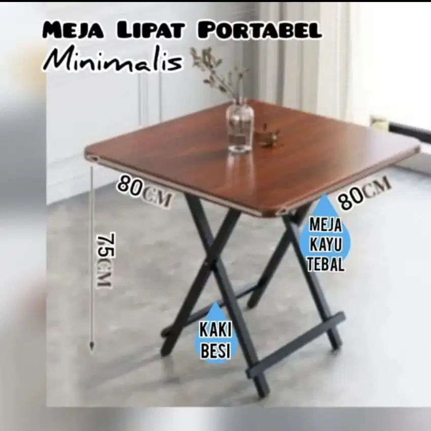 meja lipat portable minimalis kaki besi 80x80