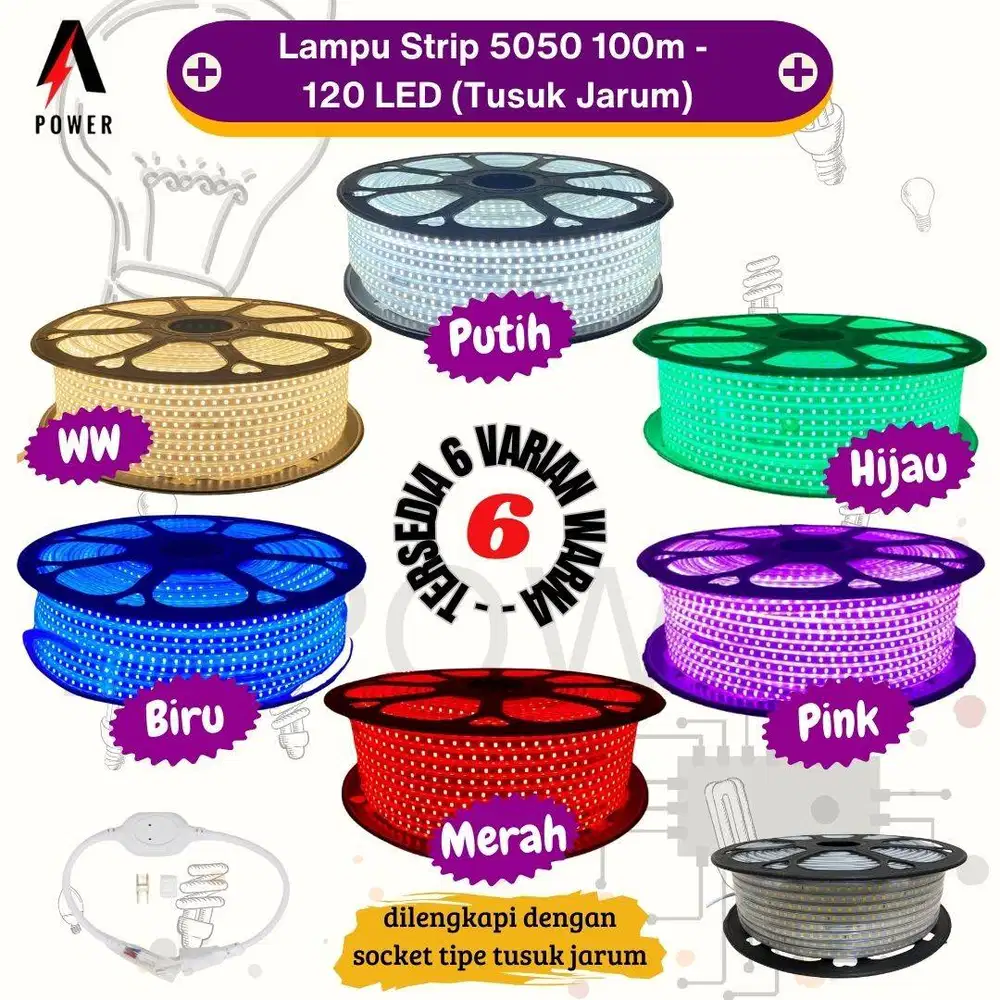 Lampu LED Strip 5050 100m-120 LED (WW,Putih,Biru,Merah,Hijau,Pink)