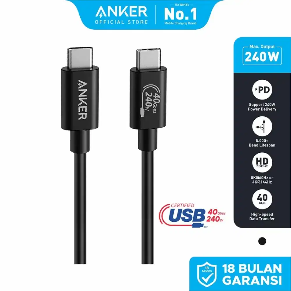 Anker Kabel Charger 515 Type C To C 4K 240W 3,3ft 1M Black Baru