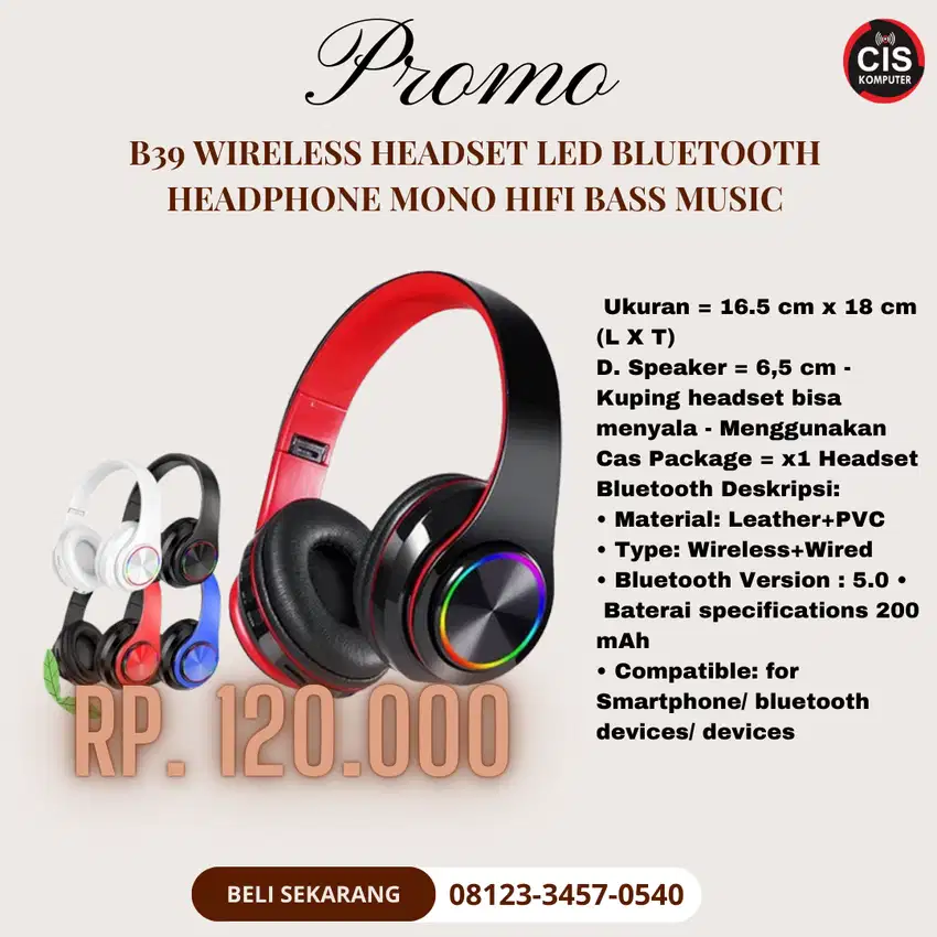 B39 Bluetooth Headphone Headset Musik Gaming dengan Lampu LED dan Mic