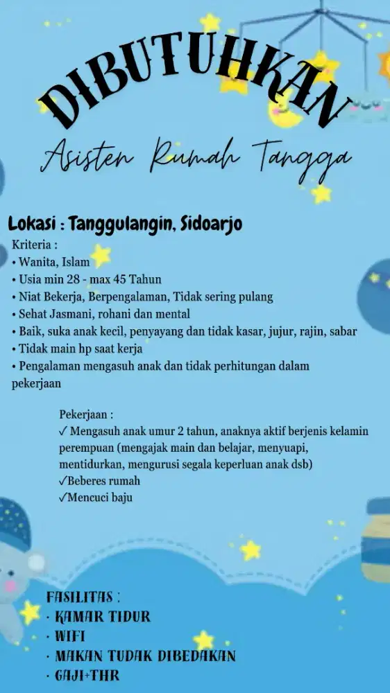 DIBUTUHKAN ASISTEN RUMAH TANGGA