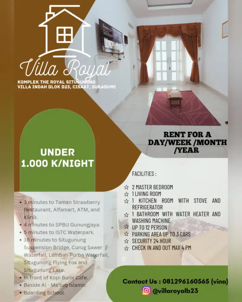 Disewakan rumah full furnish, bersih, nyaman, syariah, lingkungan aman