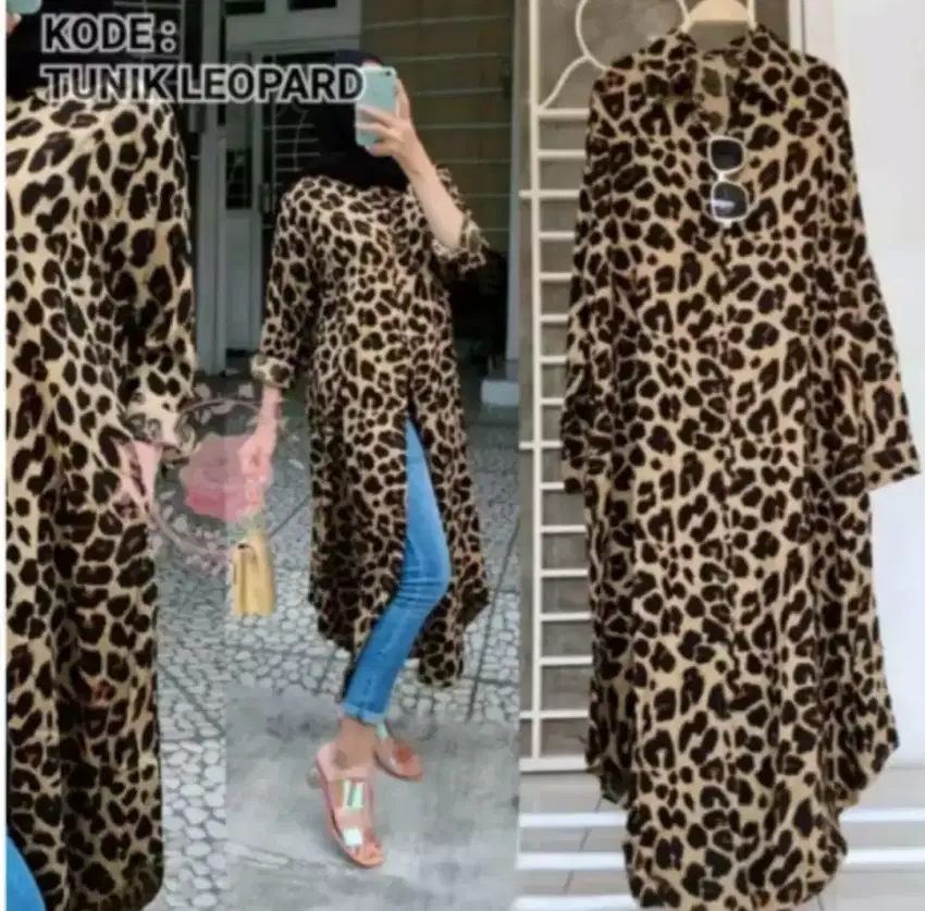 Tunik motif leopard lengan panjang