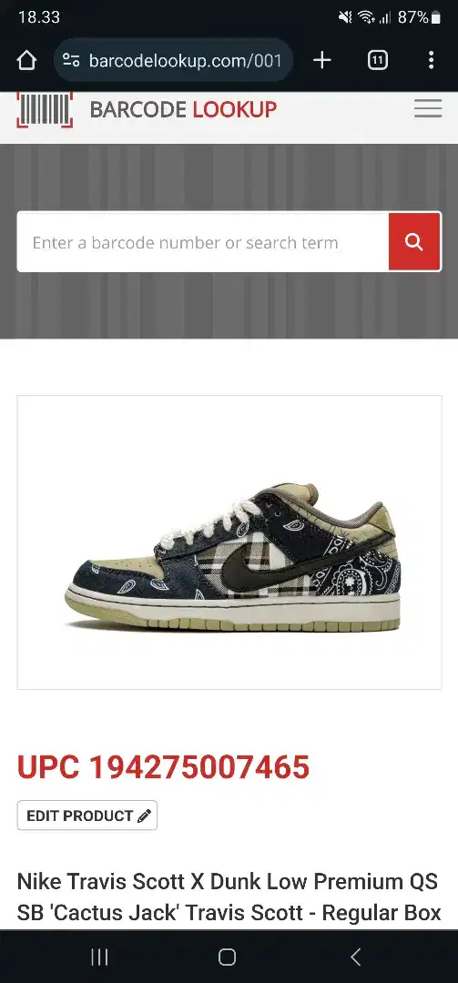 Sepatu Nike SB Dunk Low Travis Scott sz 42 original UPC Tembus. nego