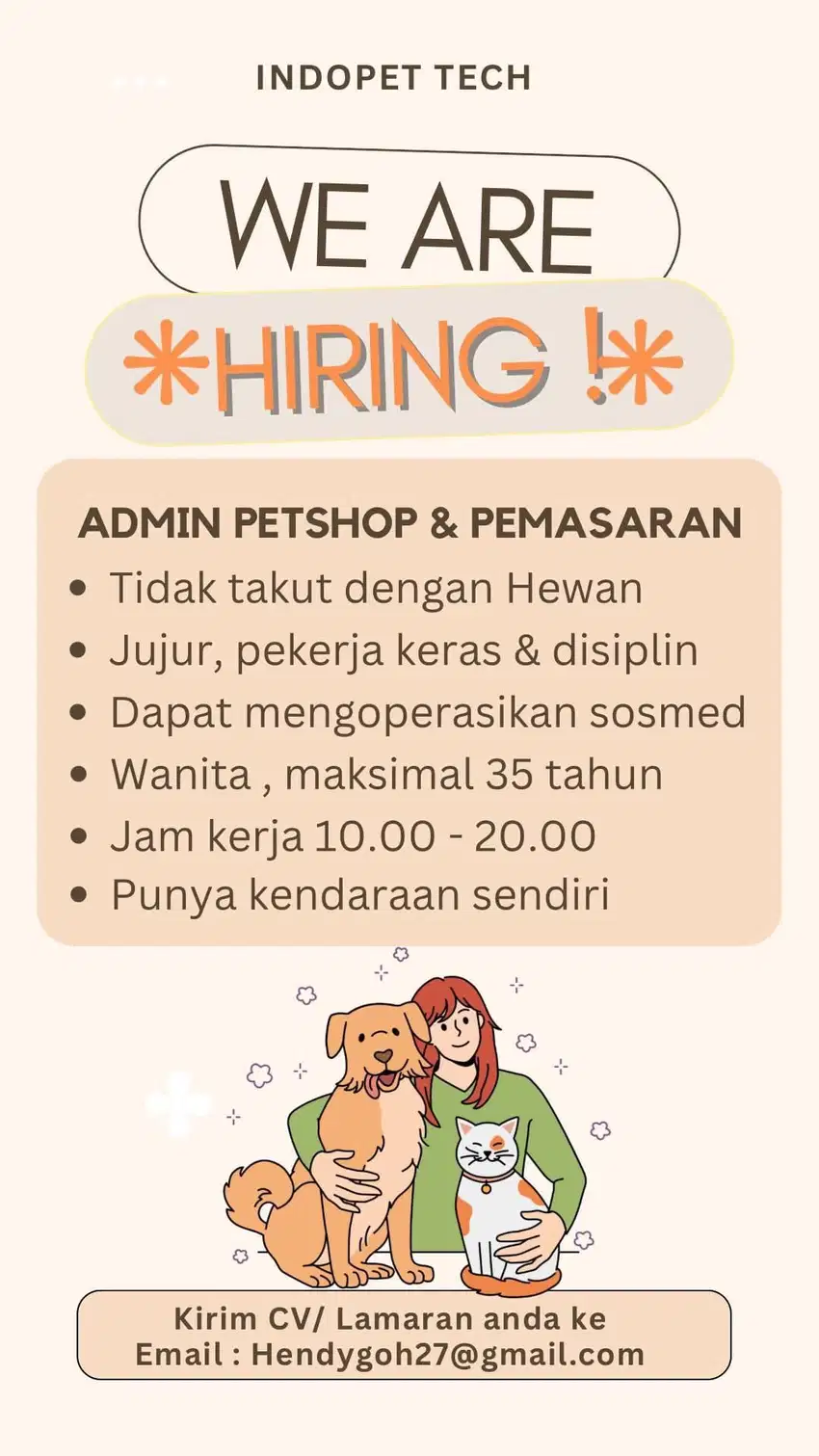 Di butuhkan Admin Petshop