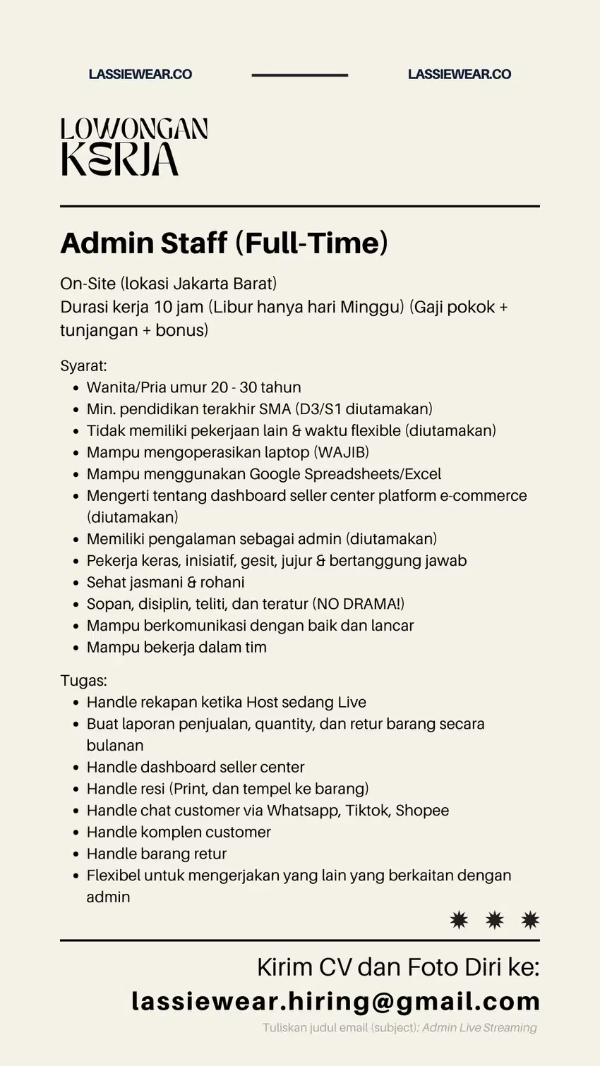 LOWONGAN KERJA ADMIN ONLINE SHOP OLSHOP JAKARTA BARAT
