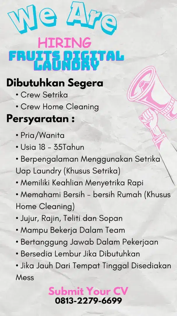 Di Butuhkan Crew Setrika Uap dan Crew Home Cleaning/ Office boy/ girl