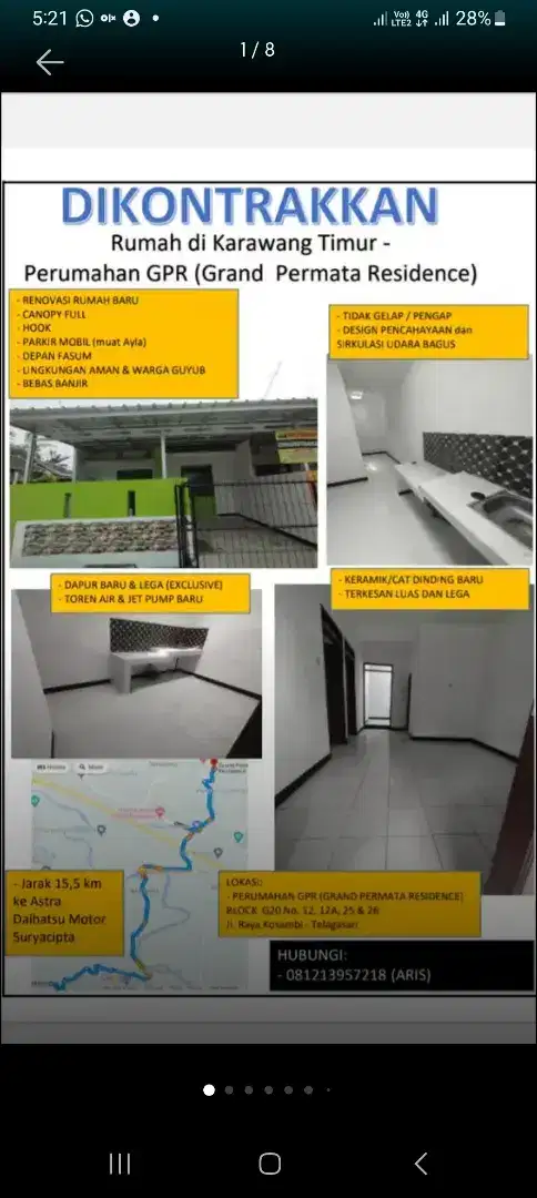Dikontrakkan rumah Karawang Timur (GPR) dekat Suryacipta, blk RS Fikri