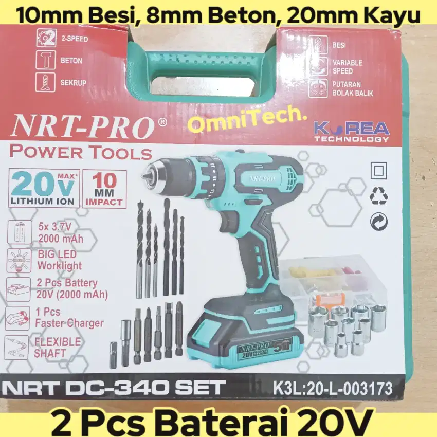 Mesin Bor Baterai Cordless Charger Besi Kayu Beton DC 340 NRT PRO 20V