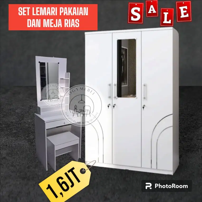 promo sale paket meja rias dan lemari 3 pintu full putih termurah