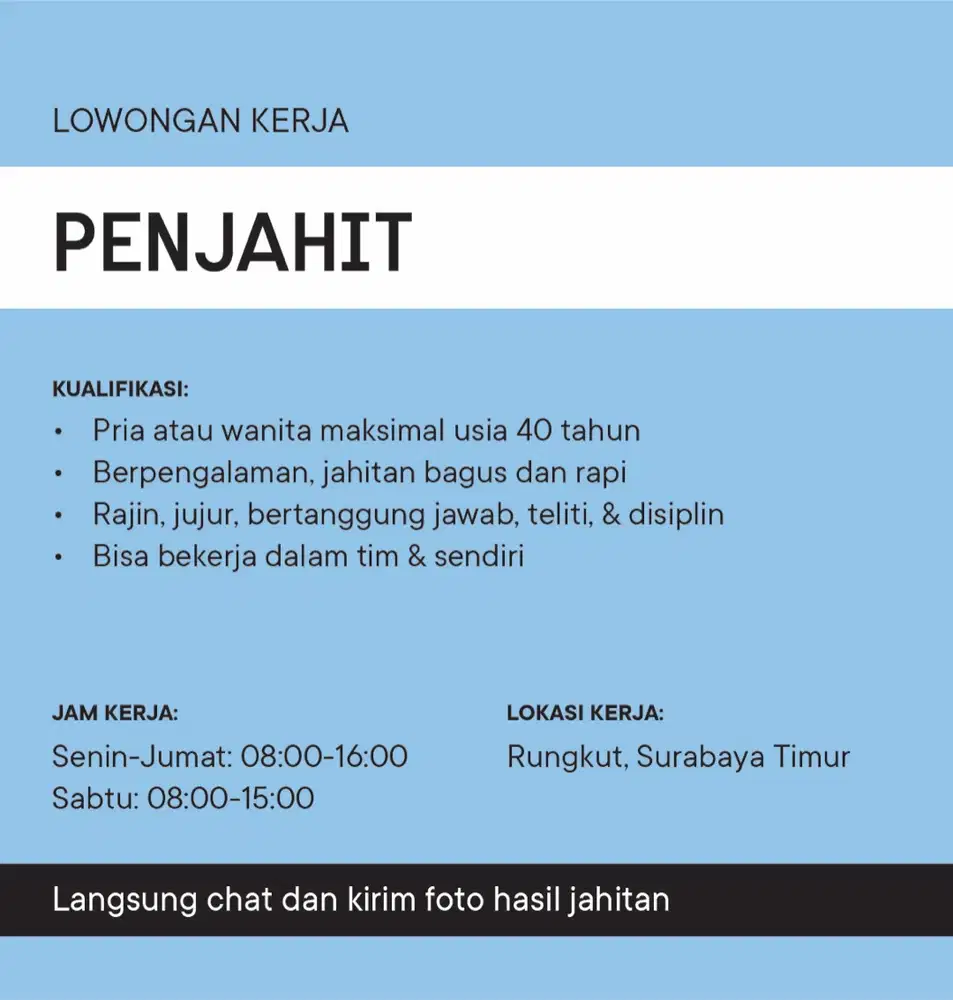 DIBUTUHKAN PENJAHIT DAN TUKANG POTONG KAIN