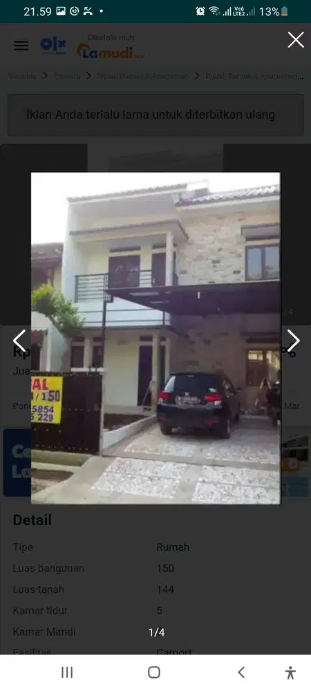 Dijual rumah di purigading villa tampak siring B12/21 Bekasi