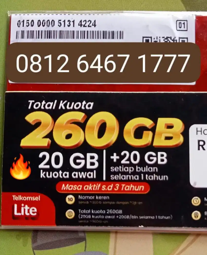 NOMOR CANTIK TELKOMSEL BONUS KUOTA 260 GB SETAHUN.