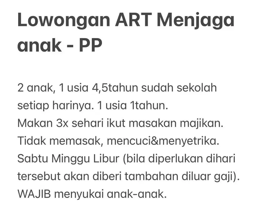 LOWONGAN ART DIBUTUHKAN SEGERA - Mengasuh Anak (PP)