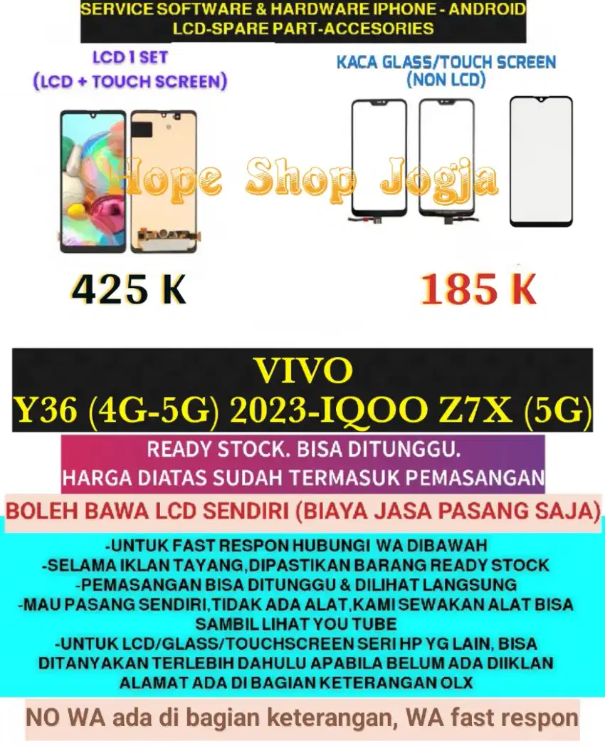 Service HP-Touchscreen-Baterai-LCD VIVO
Y36 (4G-5G) 2023-IQOO Z7X (5G)