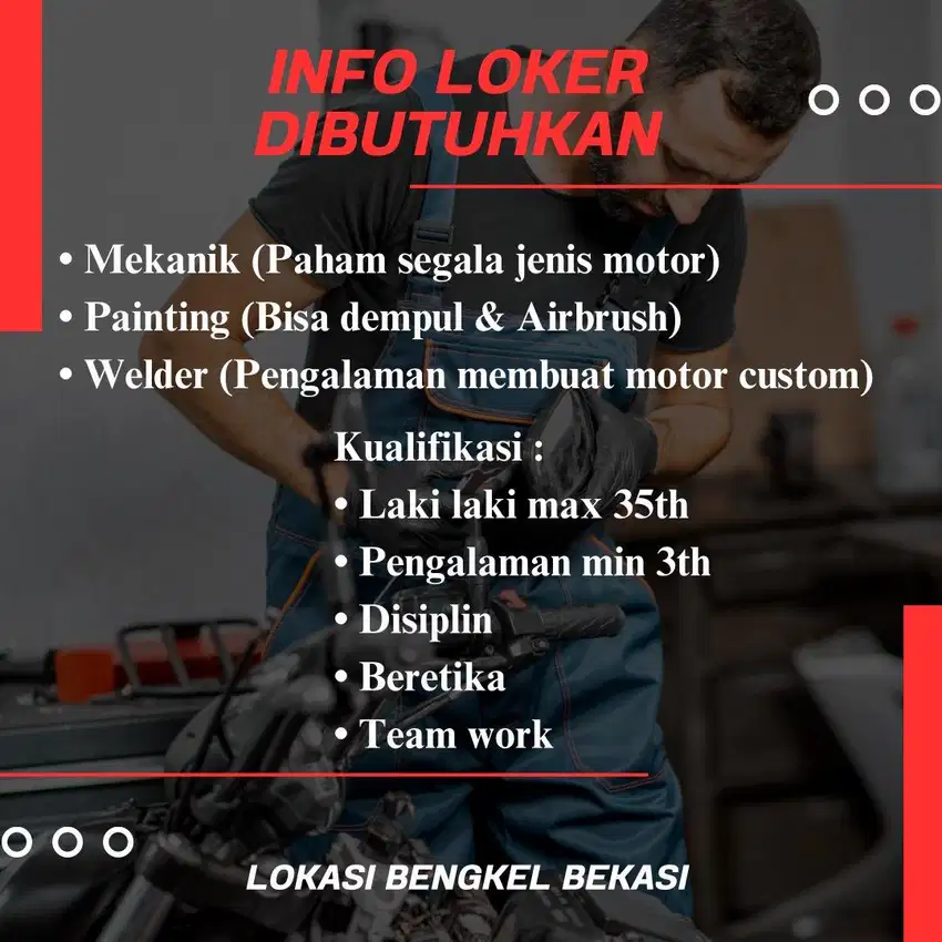 Dibutuhkan Welder Mekanik Painting Bengkel Motor Custom