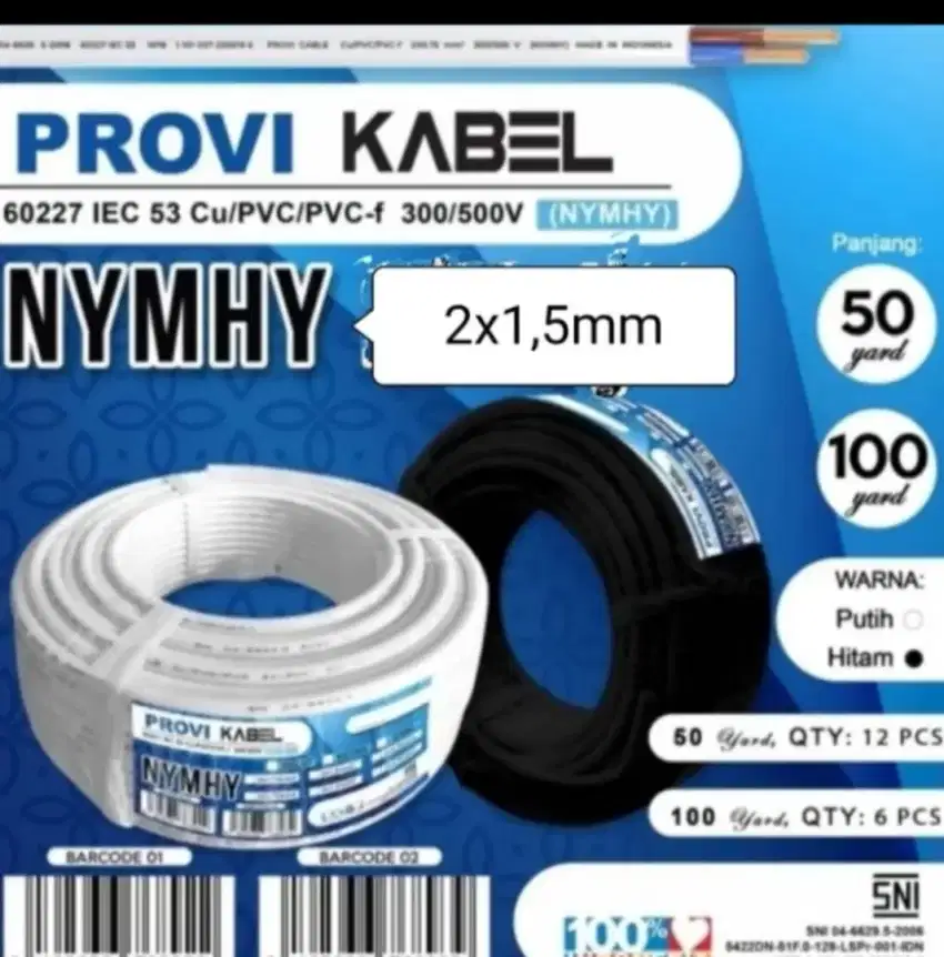 Kabel serabut NYMHY kabel tembaga provi 2x1,5 mm 50 yard