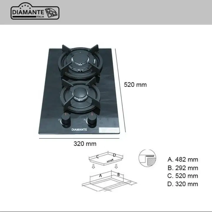 Kompor tanam Diamante Elegentia 328 Domino 2 tungku Tempered Glass