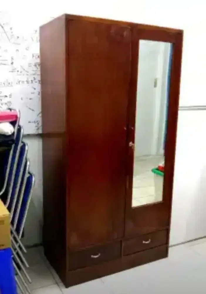 Lemari Kayu Jati Asli 2 Pintu 90x50x178 cm Ada 2 Laci dan Kaca Cermin