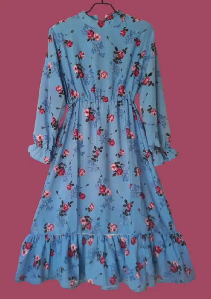 Dress Sifon Bunga Cantik Banget, Pinggang Karet.Bawah Rempel