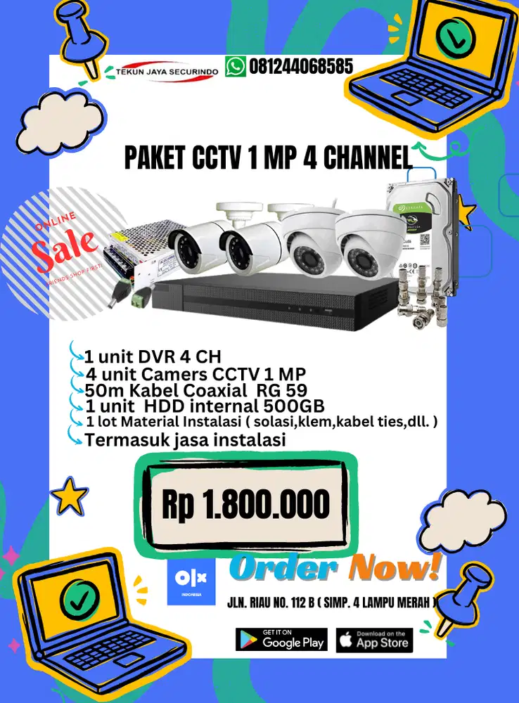 PAKET PEMASANGAN CCTV 1MP 4CHANNEL