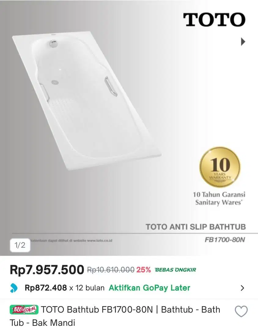 Bathtub Toto FB1700-80N (JUAL RUGI)