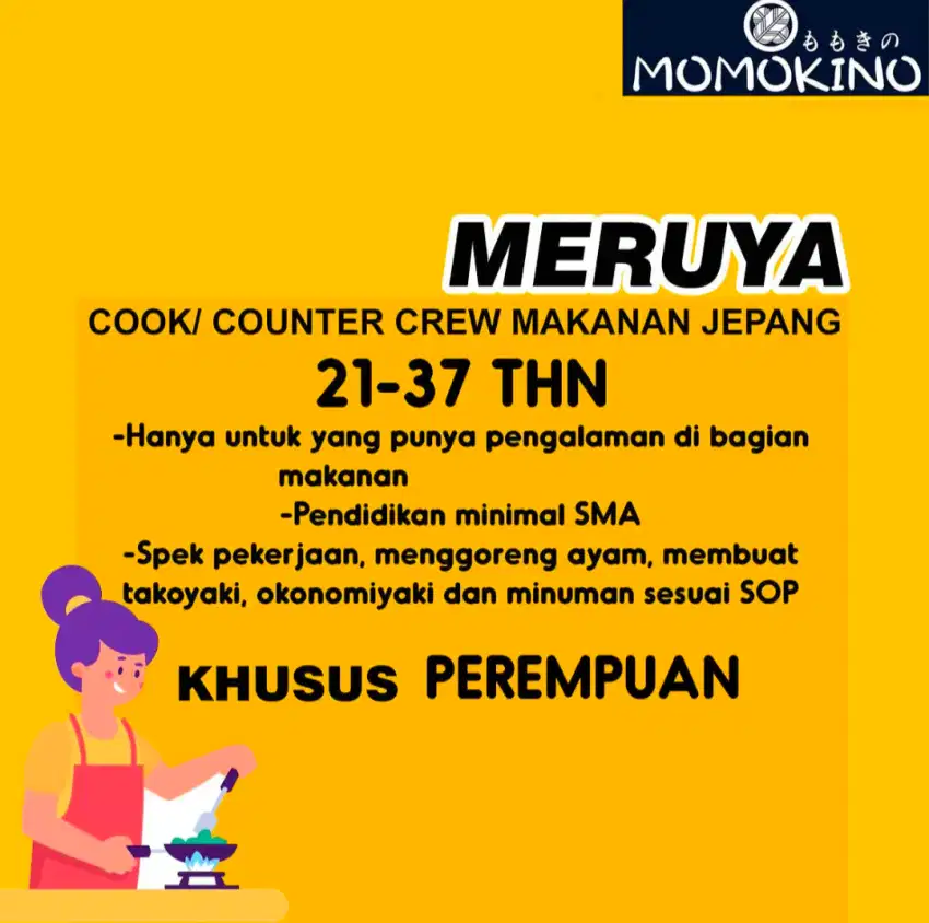 Dicari crew makanan jepang untuk di momokino meruya puri