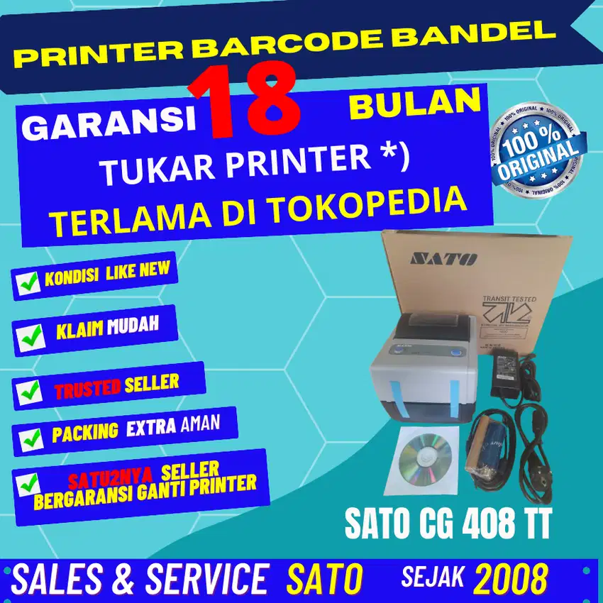 BARCODE PRINTER SATO CG 408 TT CG408 TT GARANSI REPLACEMENT 18 BULAN