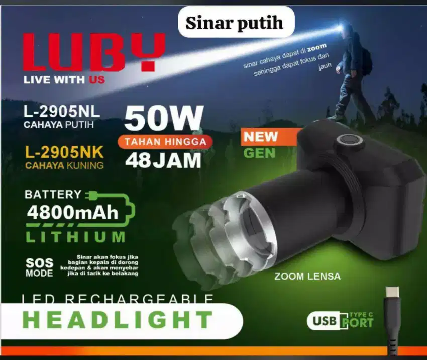 Headlamp Luby 50w Zoom Charger Senter Kepala Zoom Luby Super Terang