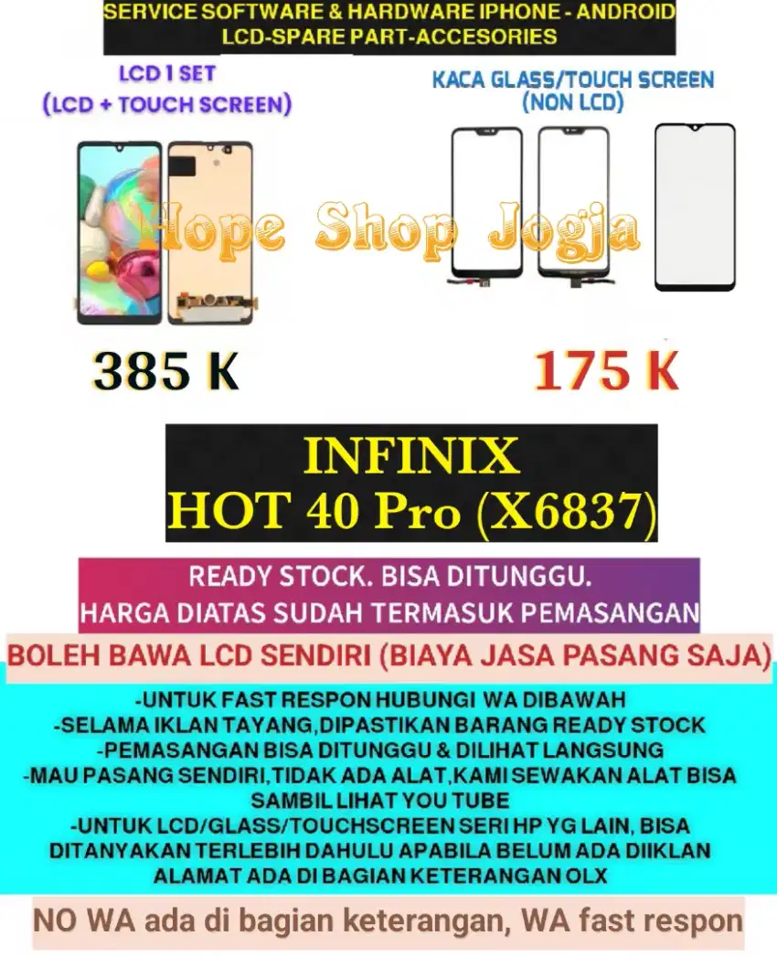 Service HP/Ganti Touchscreen-Baterai-LCD INFINIX
HOT 40 Pro (X6837)