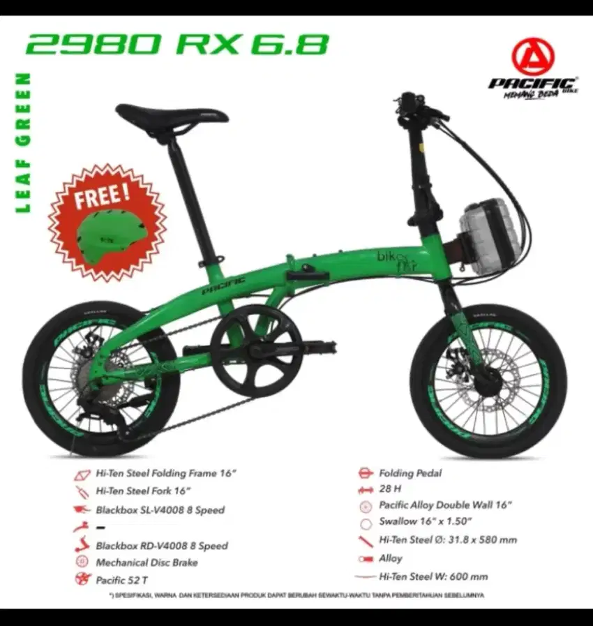 Sepeda lipat Pasific 16 inch RX 6.8 bonus helm dan tas