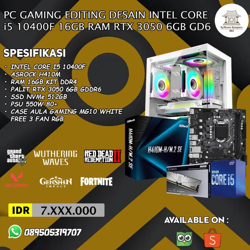 PC GAMING EDITING DESAIN INTEL CORE i5 10400F 16GB RAM RTX 3050 6GB