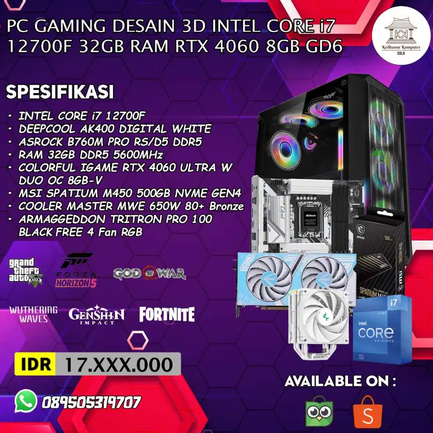 PC GAMING DESAIN 3D INTEL CORE i7 12700F 32GB RAM RTX 4060 8GB GD6