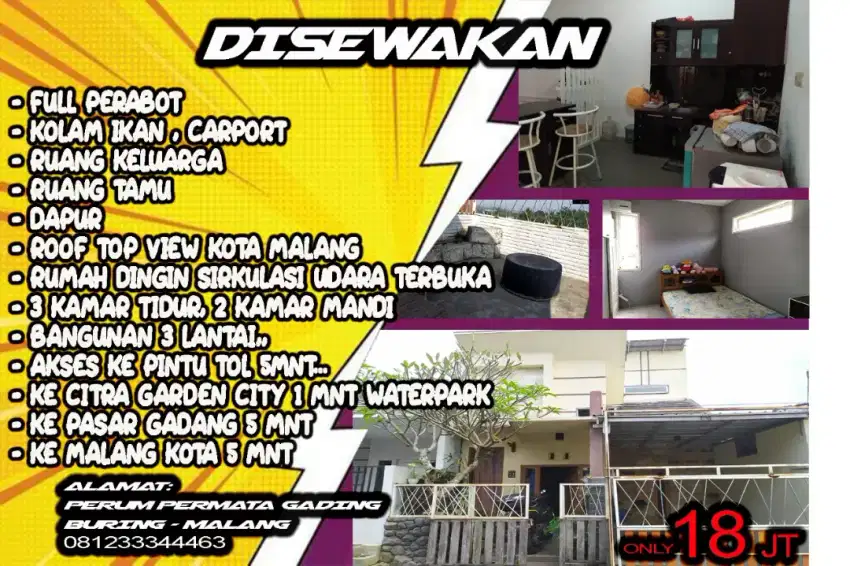 Kontrakan Rumah full perabot malang kota 3 lantai 18jt pertahun