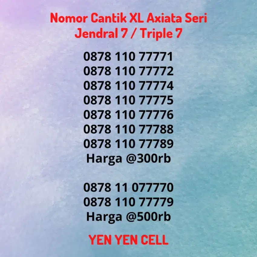 Nomor Cantik Kartu Perdana XL Axiata Seri Triple 7 Jendral 7 7777 789