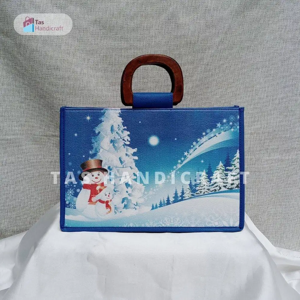 Tas Hampers Natal Custom Gambar Bahan Kulit Sintetis Handle Kayu