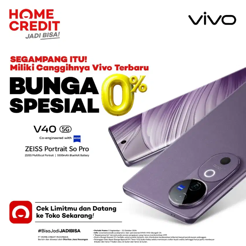 CASH/KREDIT IPHONE VIVO V40 5G CASHBACK PAKAI HOMECREDIT BUNGA 0%