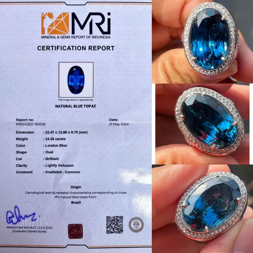 Natural London Blue Topaz 24.36crt serti MRI Lab