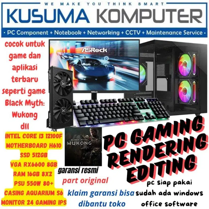 PC Gaming Rendering Full Set Intel Core i3 12100F RX6600