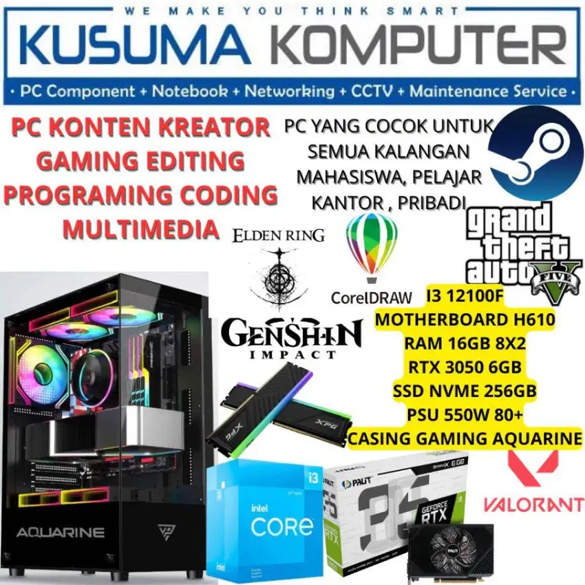 PC Gaming Komputer Rakitan Intel Core i3 12100F RTX 3050 16GB RAM