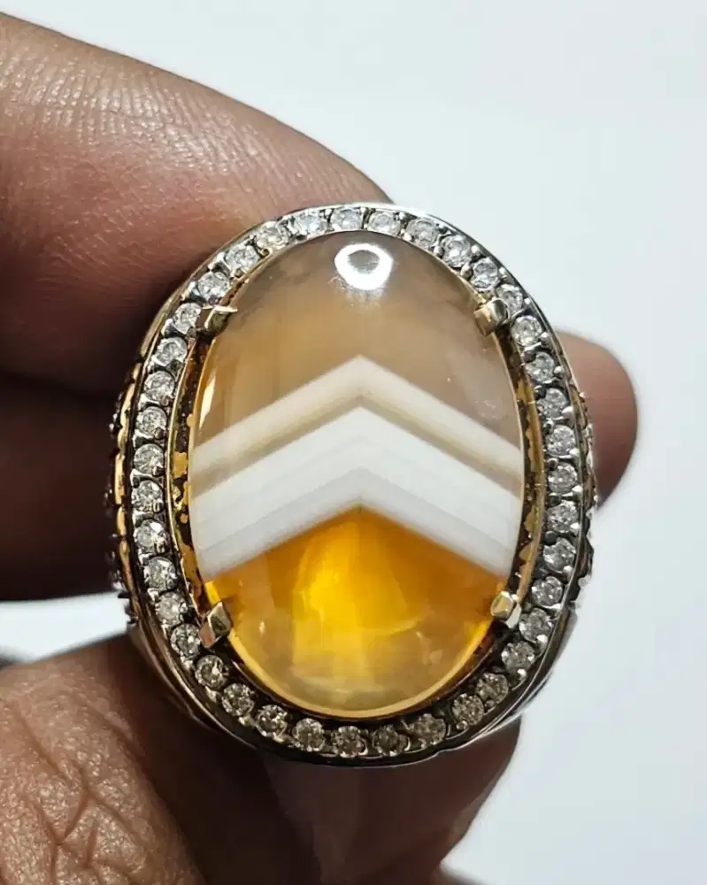 Natural Agate Chalcedony Junder Ring Perak Memo