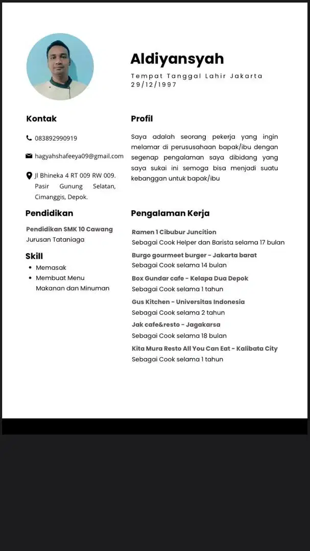 Cari kerja cook atau sous chef atau barista