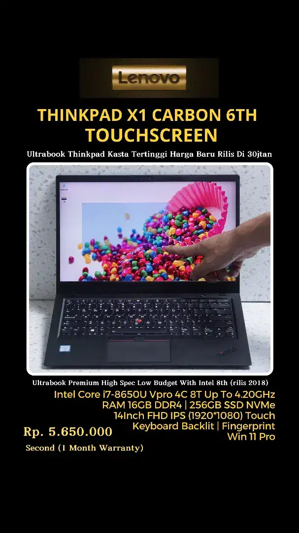 LENOVO THINKPAD X1 CARBON 6TH TOUCH CORE I7-8650U VPRO 16GB 256GB