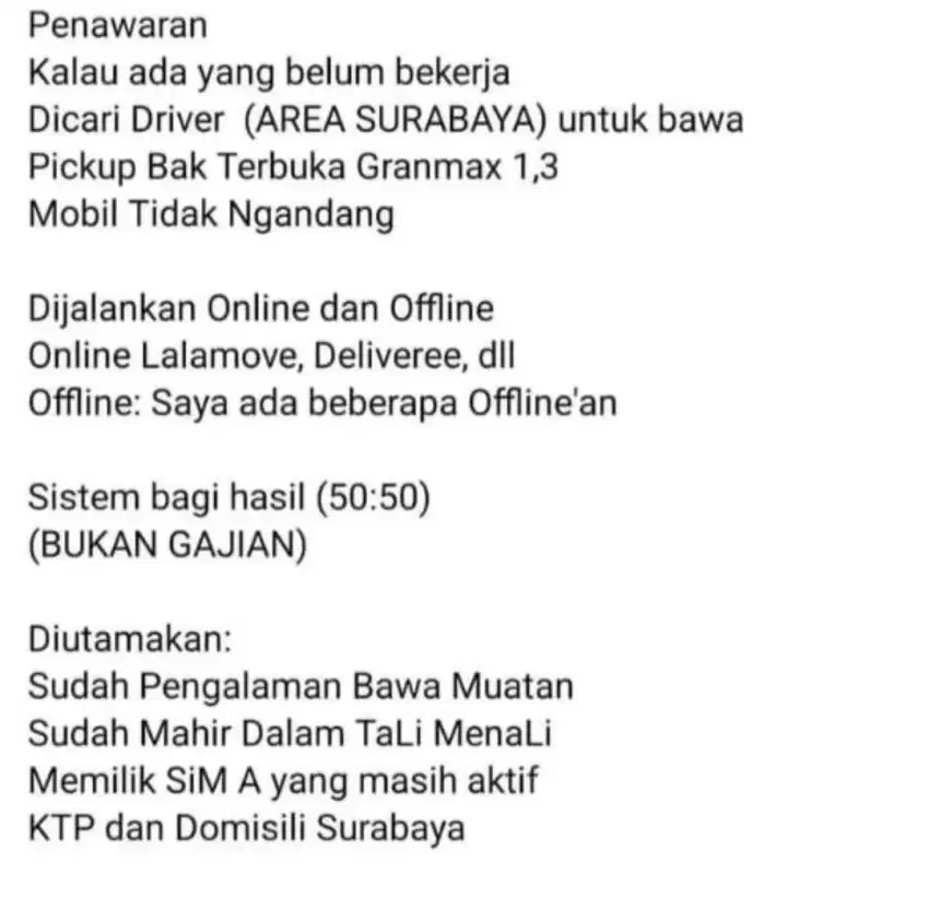 Driver Pickup Untuk Jalan Online Offline Surabaya