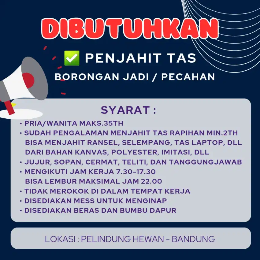 Tukang jahit tas pengalaman borongan atau pecahan rapihan