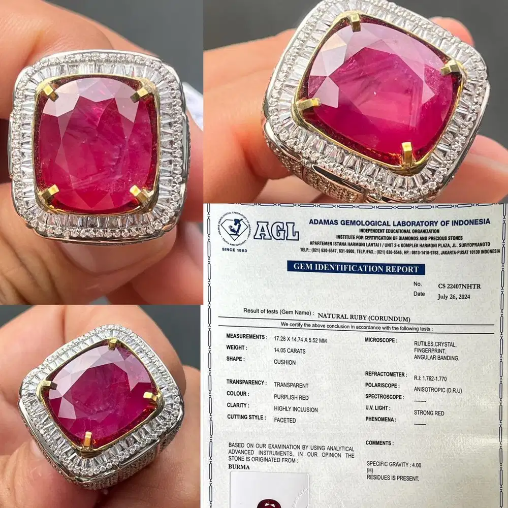 Natural ruby purplish red 14.05crt serti AGL Lab