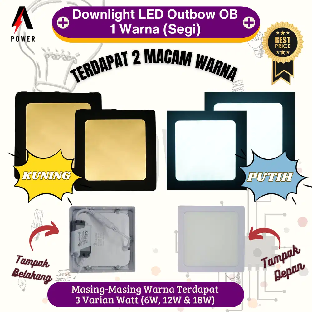 Downlight LED Outbow OB 1 Warna (Segi) - 12W Putih / Kuning
