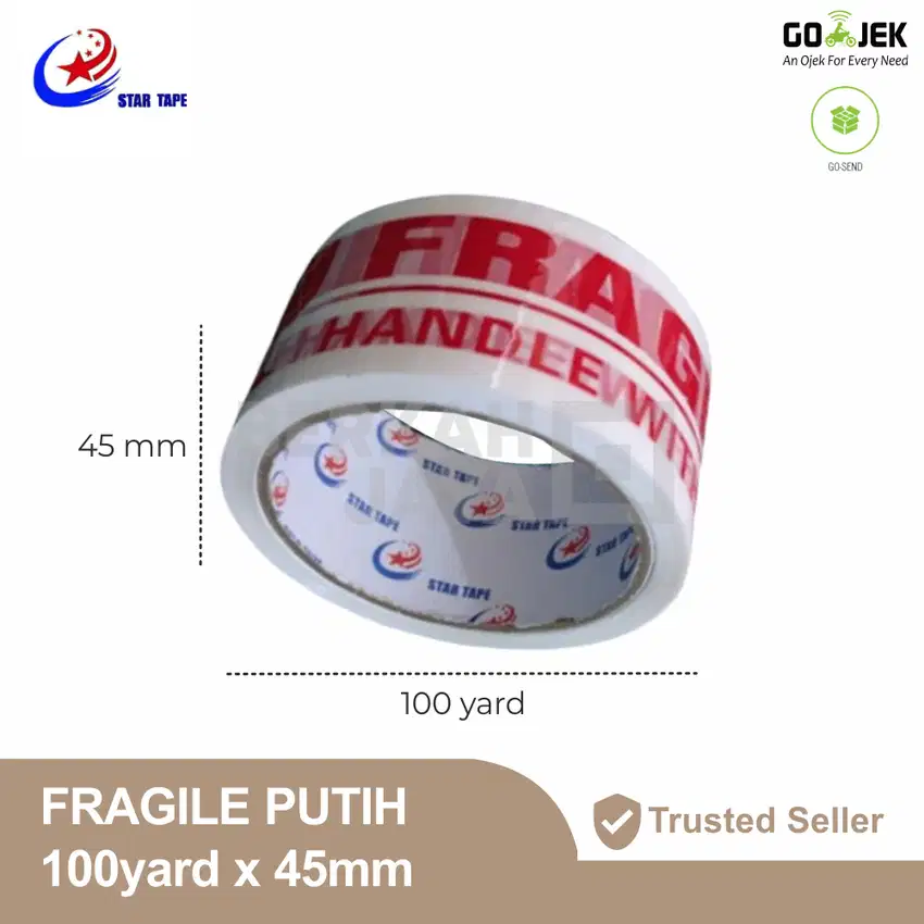 LAKBAN/TAPE/ISOLASI STAR TAPE FRAGILE PUTIH JANGAN DIBANTING 100 YARD