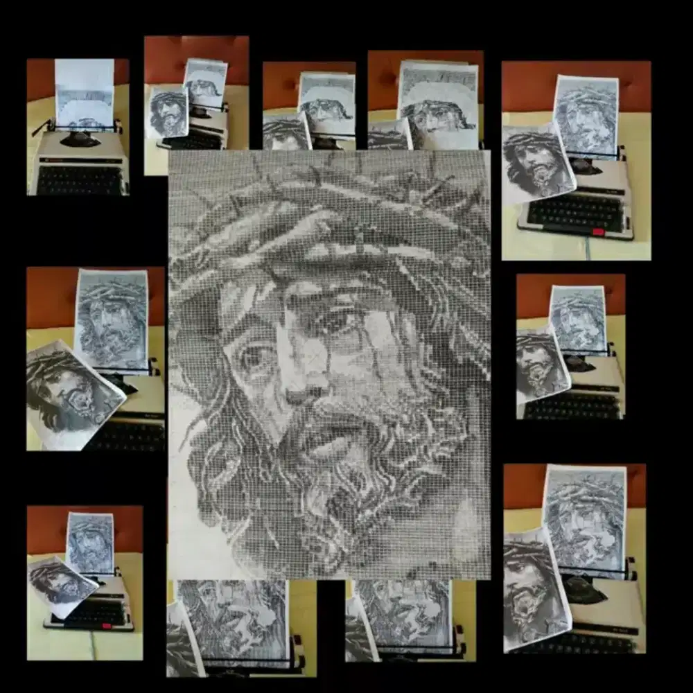 Jual lukisan Yesus (media/tehnik mesin tik manual). Harga 100jt.