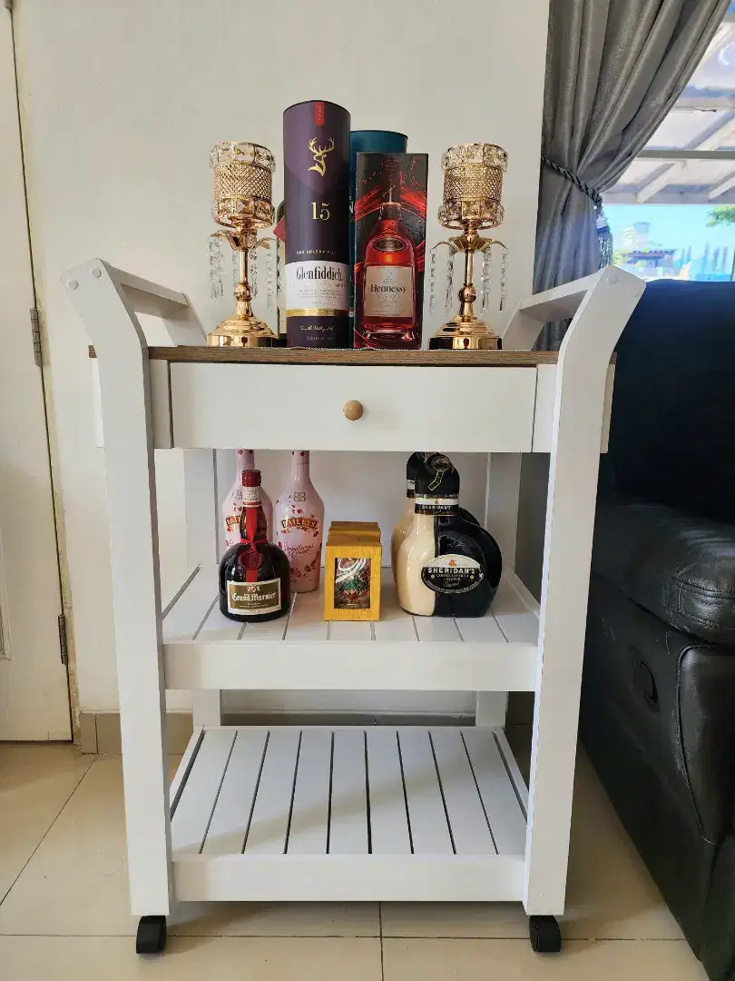 LIKE NEW Rak Troli Dorong Roda 3 Susun Serbaguna Dapur Laci Kayu